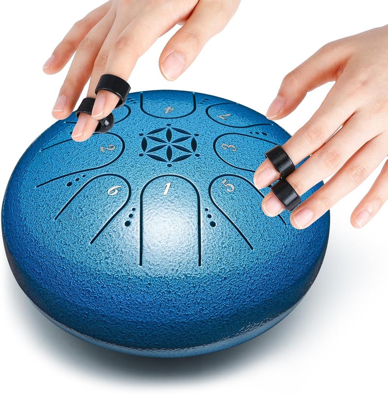 PUJONI Steel Tongue Drum, 6 Inch 8 Notes Percussion Instruments with Music Book, Mallets, Carry Bag, Finger Picks, Gifts for Beginners Musical Education & Adults Relaxation Meditation (Seablue) - Image 3